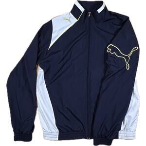 VTG Puma Track Jacket Full Zip Mock Neck White Yellow Logo Accents Mens Large